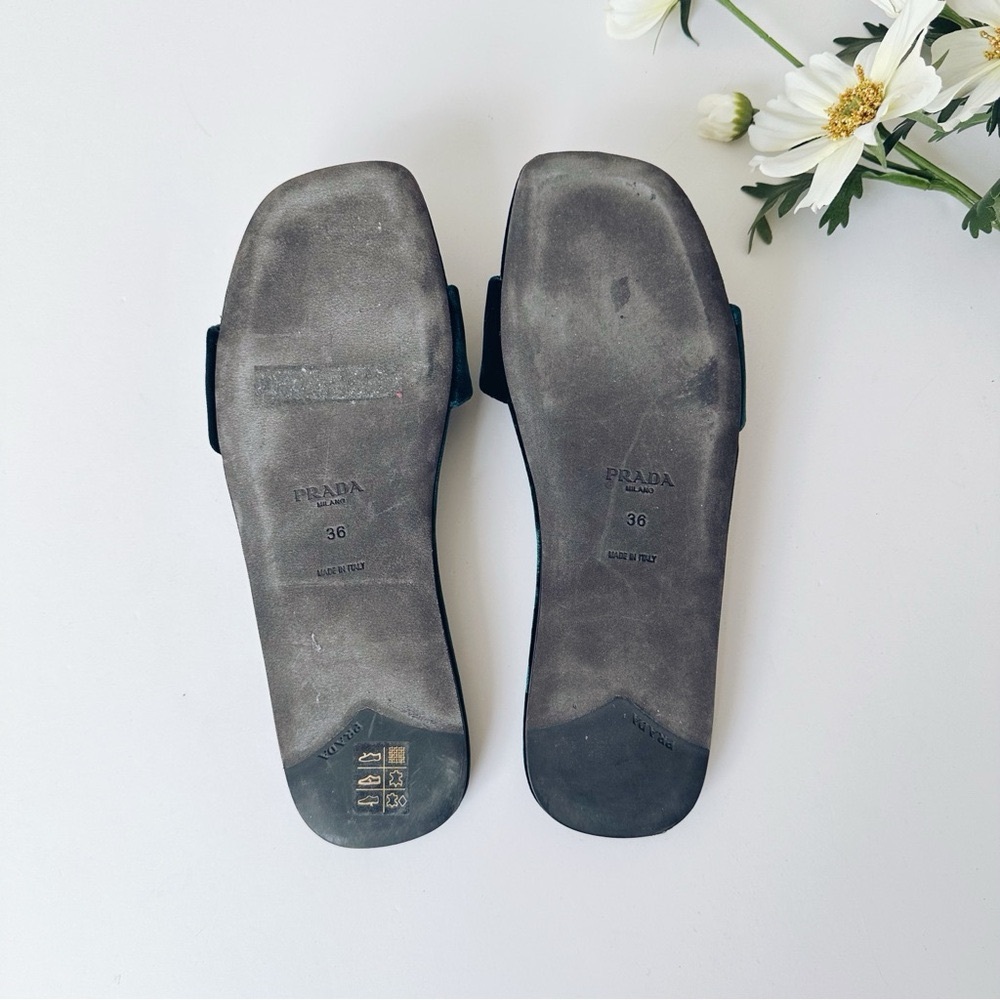 Prada Women’s Triangle Logo Dark Green Velvet Slide Sandals - Picture 11 of 13